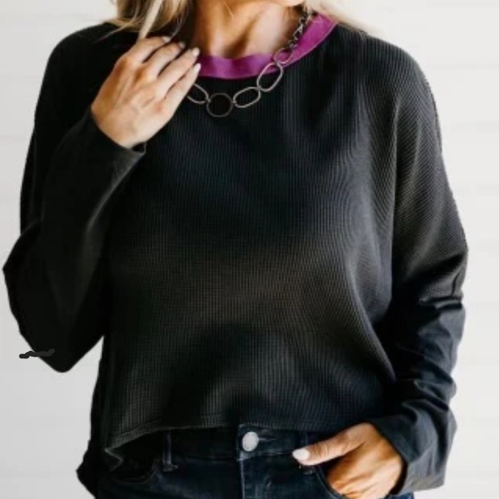 Mac and Me gray long sleeve waffle top